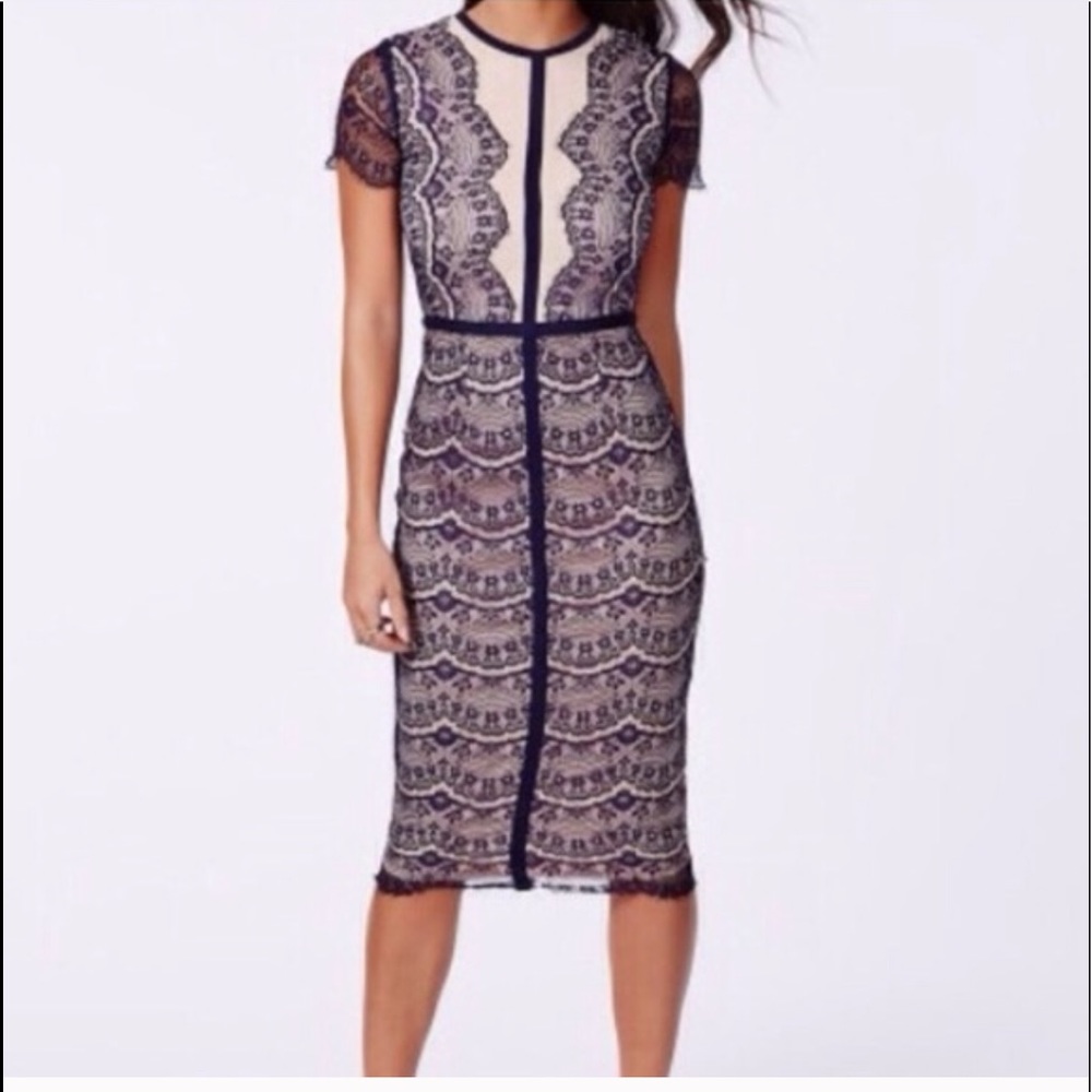Missguided Navy Blue Cream/Beige Lace Midi Dress